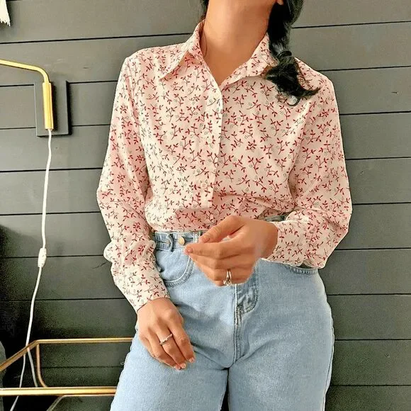 Vintage 1970s floral long sleeve button down blouse pretty secretary medium - Picture 2 of 9